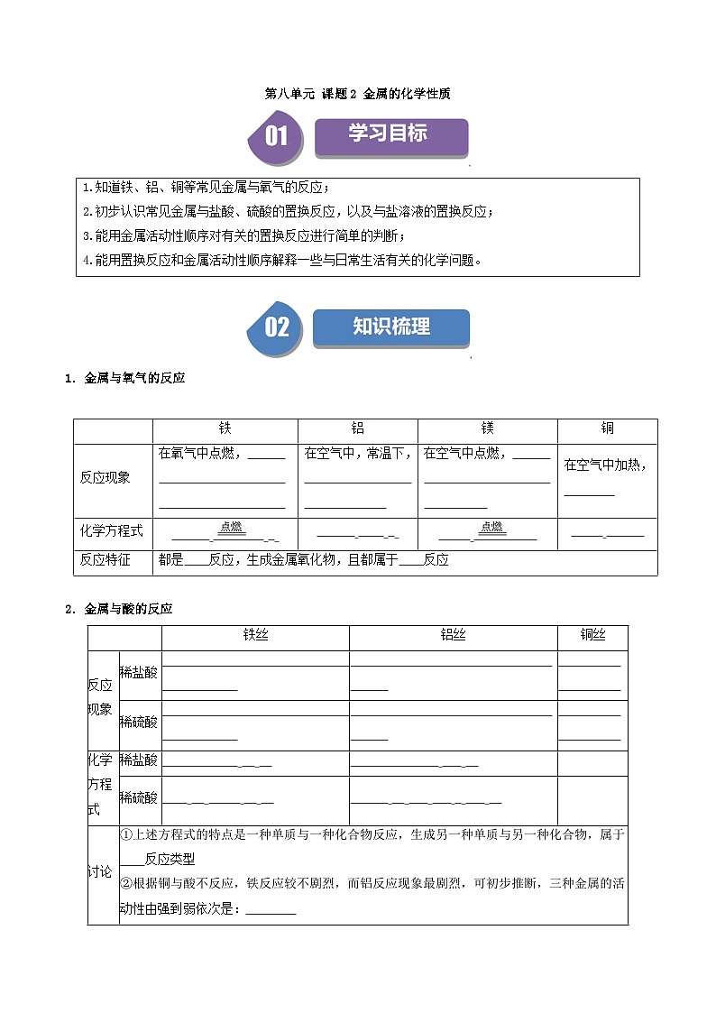 (人教版)2024年初中化学下册同步讲义第8单元 课题2 金属的化学性质(2份,原卷版+教师版)01