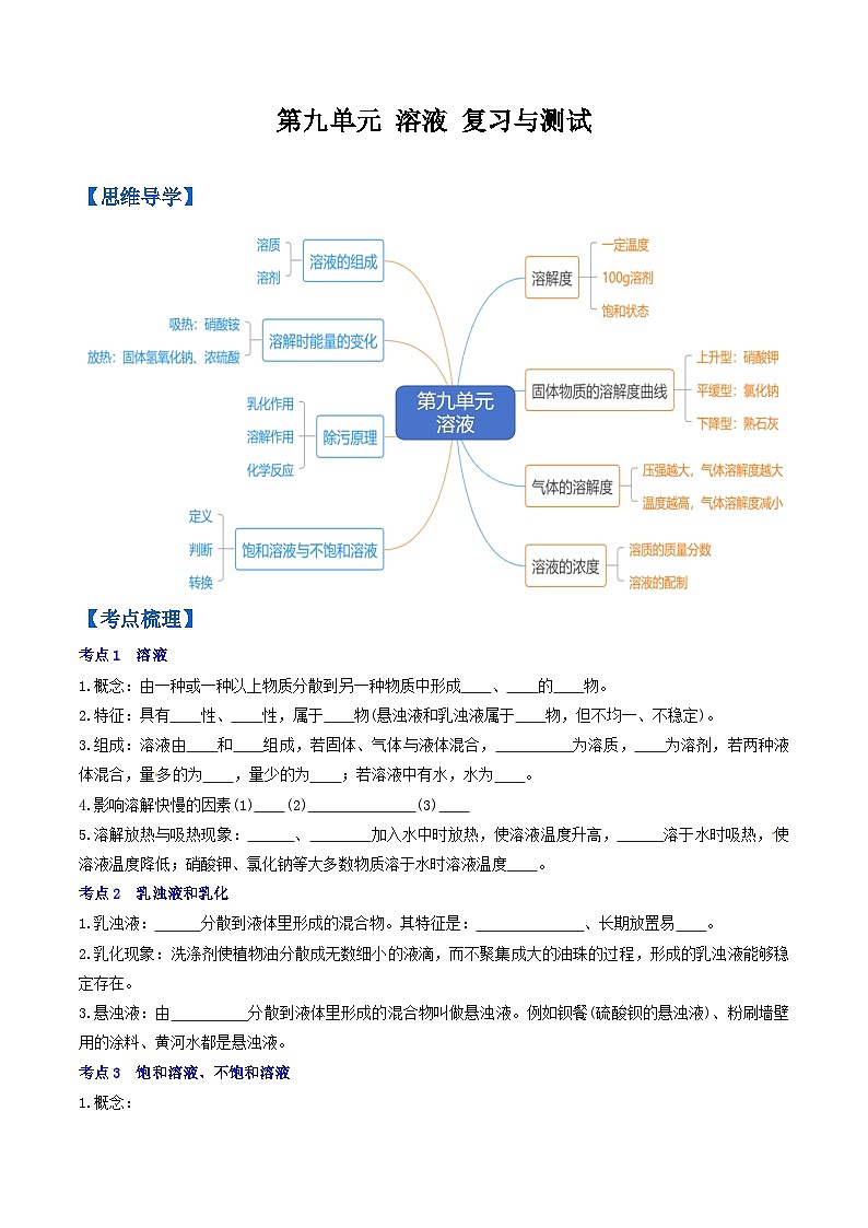 (人教版)2024年初中化学下册同步讲义第9单元 溶液 复习与测试(学生版)第1页