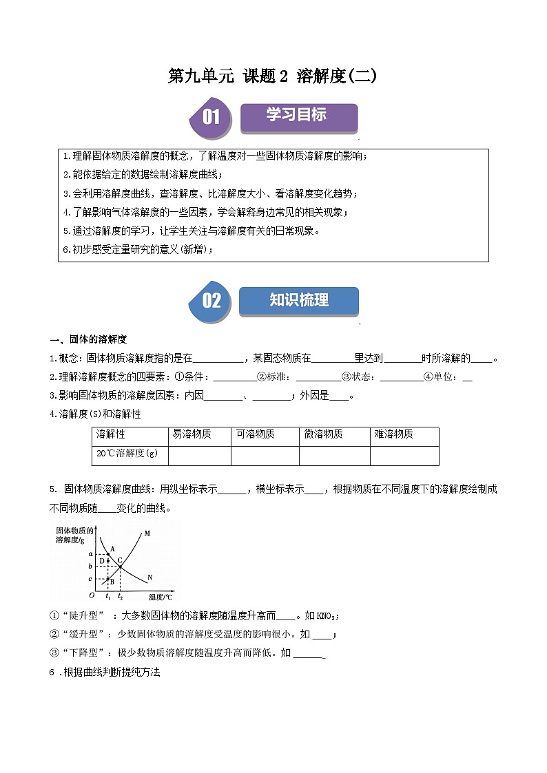 (人教版)2024年初中化学下册同步讲义第9单元 课题2 溶解度(二)(学生版)第1页