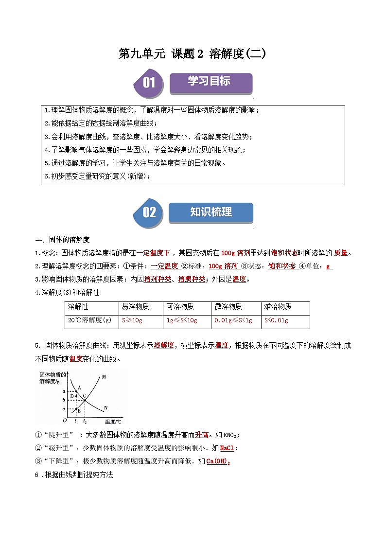 (人教版)2024年初中化学下册同步讲义第9单元 课题2 溶解度(二)(教师版)第1页