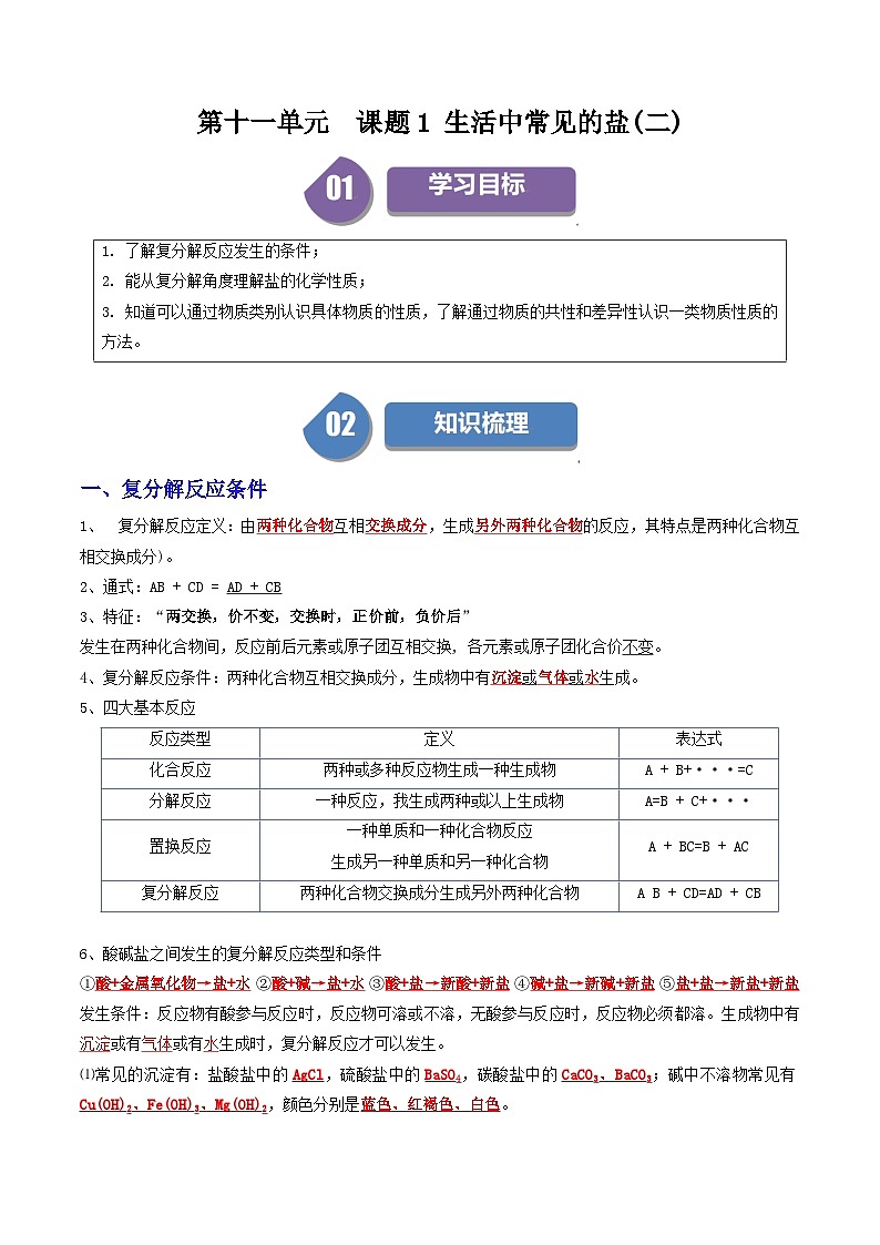 (人教版)2024年初中化学下册同步讲义第11单元 课题1 生活中常见的盐(二)(2份,原卷版+教师版)01