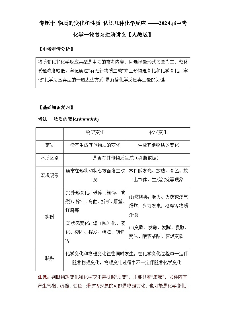 中考化学一轮复习进阶讲义【人教版】专题十 物质的变化和性质 认识几种化学反应(含解析)第1页