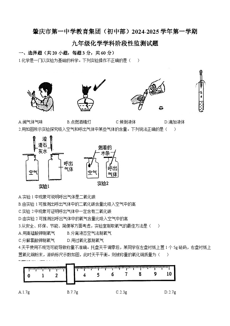 广东省肇庆市第一中学初中部2024-2025学年九年级上学期期中考试化学试题(无答案)第1页