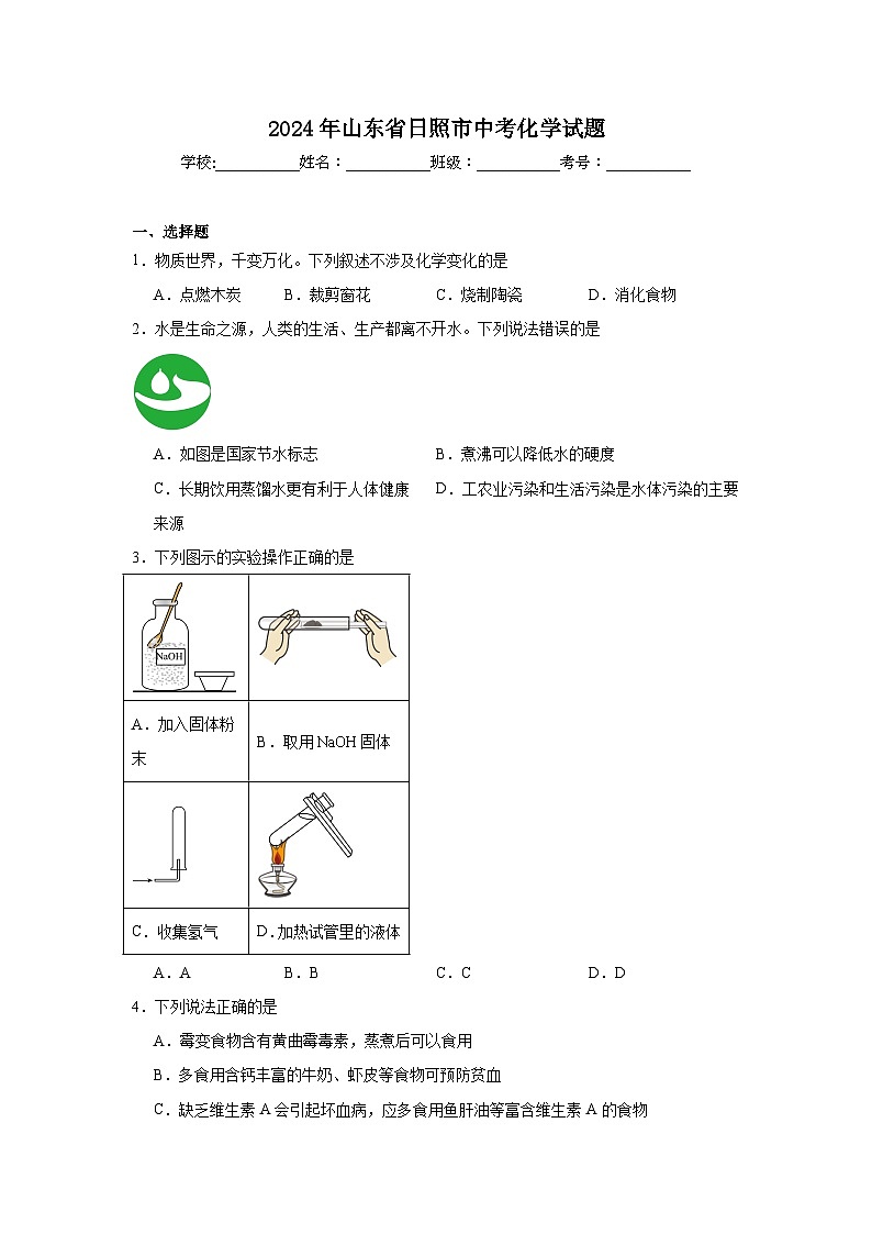 2024年山东省日照市中考化学试题01