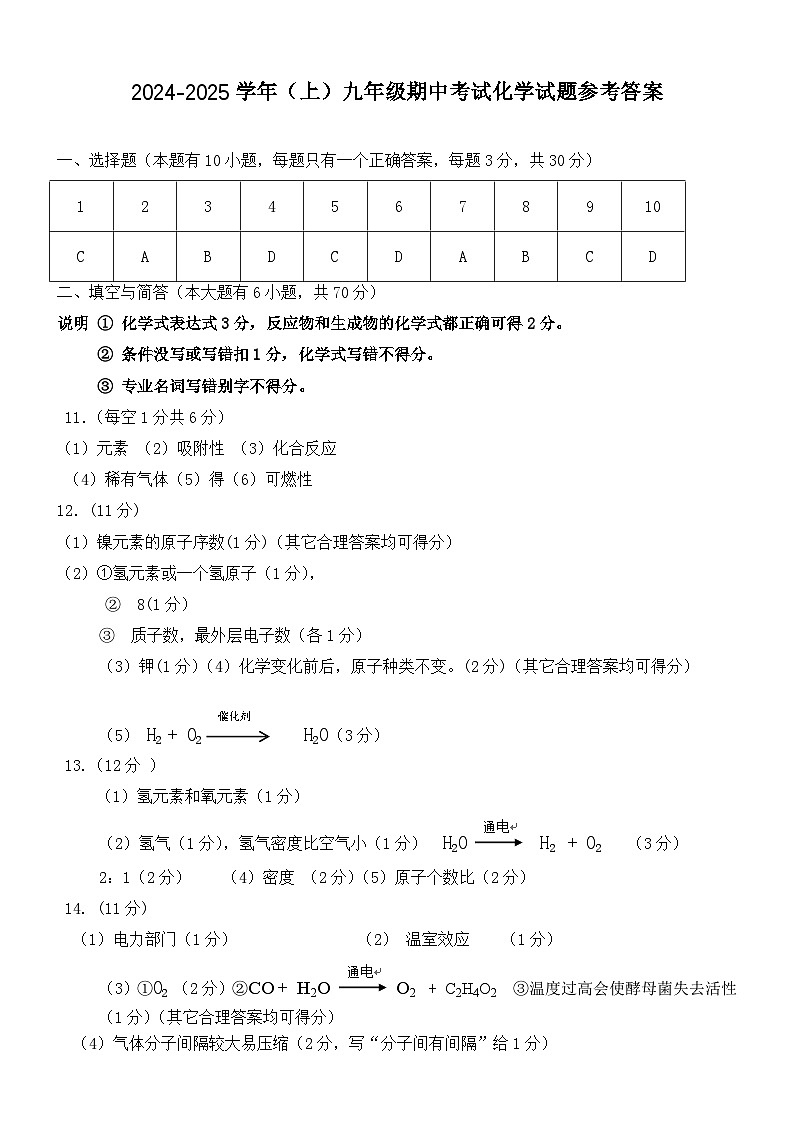 2024-2025九年级第一学期期中化学参考答案第1页