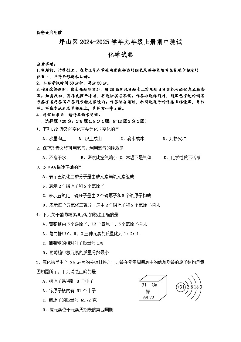 2024-2025学年深圳市坪山区九年级化学期中测试试卷第1页