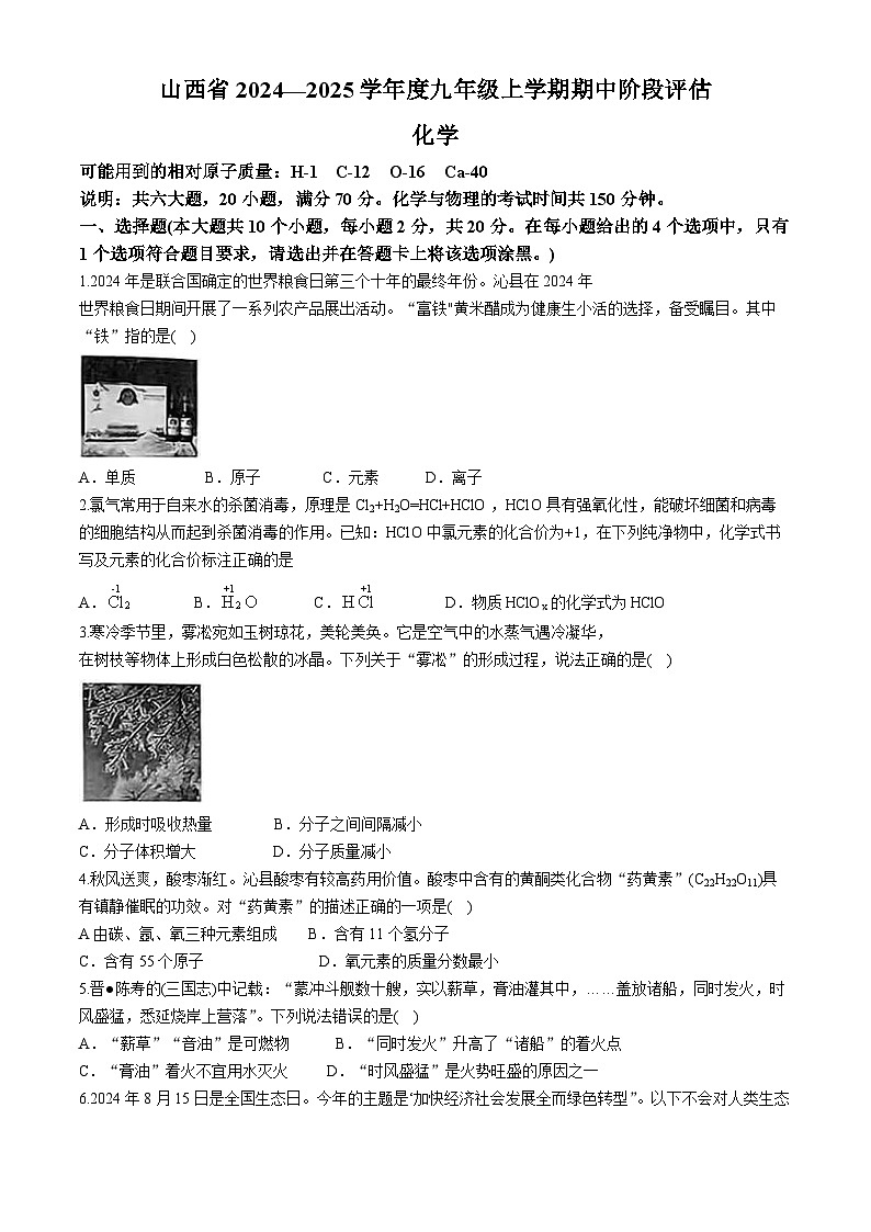 山西省阳泉市部分学校2024--2025学年九年级上学期期中考试化学试卷第1页
