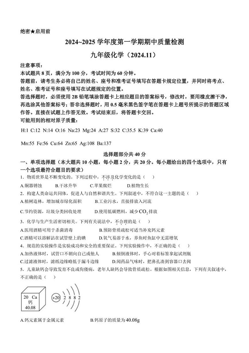 山东省济南市南山区2024~2025学年九年级上学期期中考试化学试题(含答案)第1页