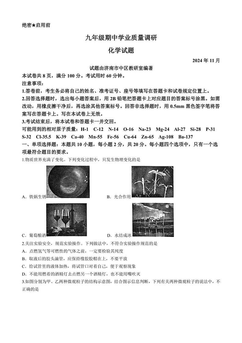 山东省济南市市中区2024—2025学年九年级上学期期中考试化学试卷(含答案)第1页