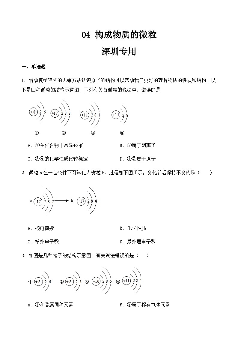 中考化学常考点专题必杀题(深圳专用)选择专练04(构成物质的微粒30题)(原卷版+解析)第1页