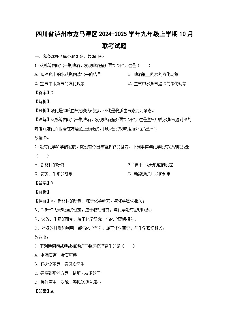 四川省泸州市龙马潭区2024-2025学年九年级上学期10月联考化学试卷(解析版)01