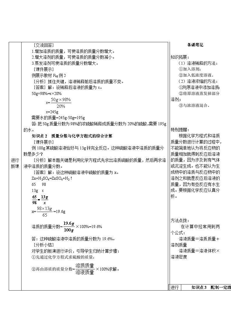 人教版(2024)九年级化学下册第九单元 溶液 课题3 溶质的质量分数第2课时 溶质质量分数与化学方程式的综合计算 教案02