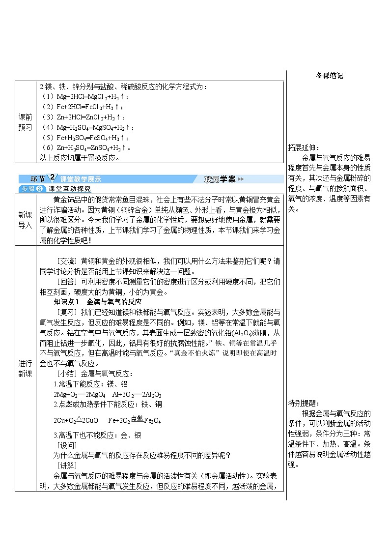 人教版(2024)九年级化学下册第八单元 课题2 第1课时 金属与氧气、稀酸的反应 教案第2页
