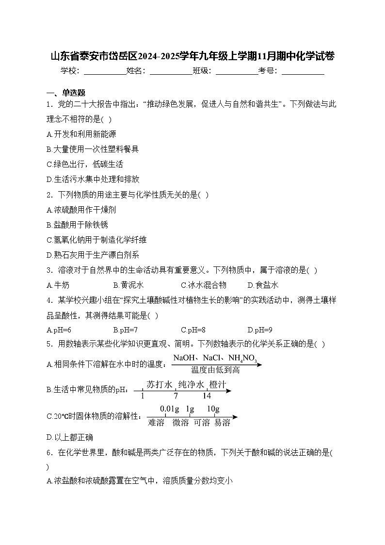 山东省泰安市岱岳区2024-2025学年九年级上学期11月期中化学试卷(含答案)第1页