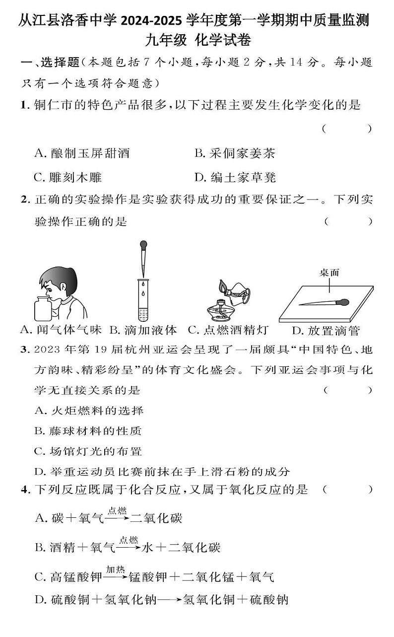 贵州省黔东南州从江县洛香中学2024-2025学年度九年级上学期期中质量监测化学试卷第1页