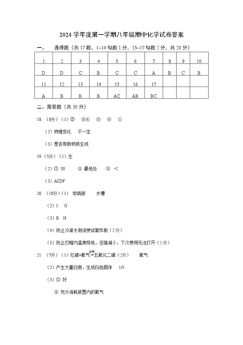 2024学年度第一学期八年级期中化学试卷答案第1页