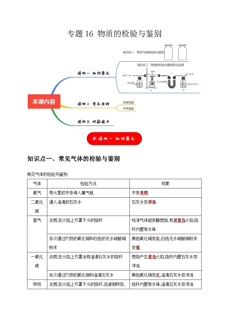 2025年中考化学一轮复习考点过关练习专题16 物质的检验与鉴别(解析版)第1页