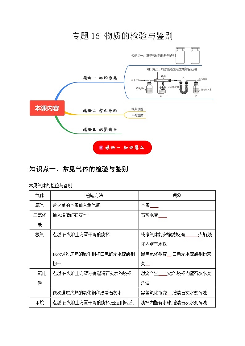 2025年中考化学一轮复习考点过关练习专题16 物质的检验与鉴别(原卷版)第1页