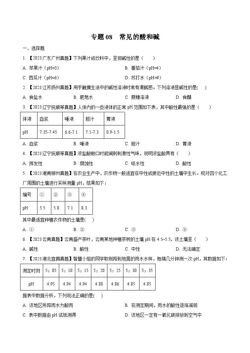 2025年中考化学真题分项汇编专题08 常见的酸和碱（2份，原卷版+解析版）