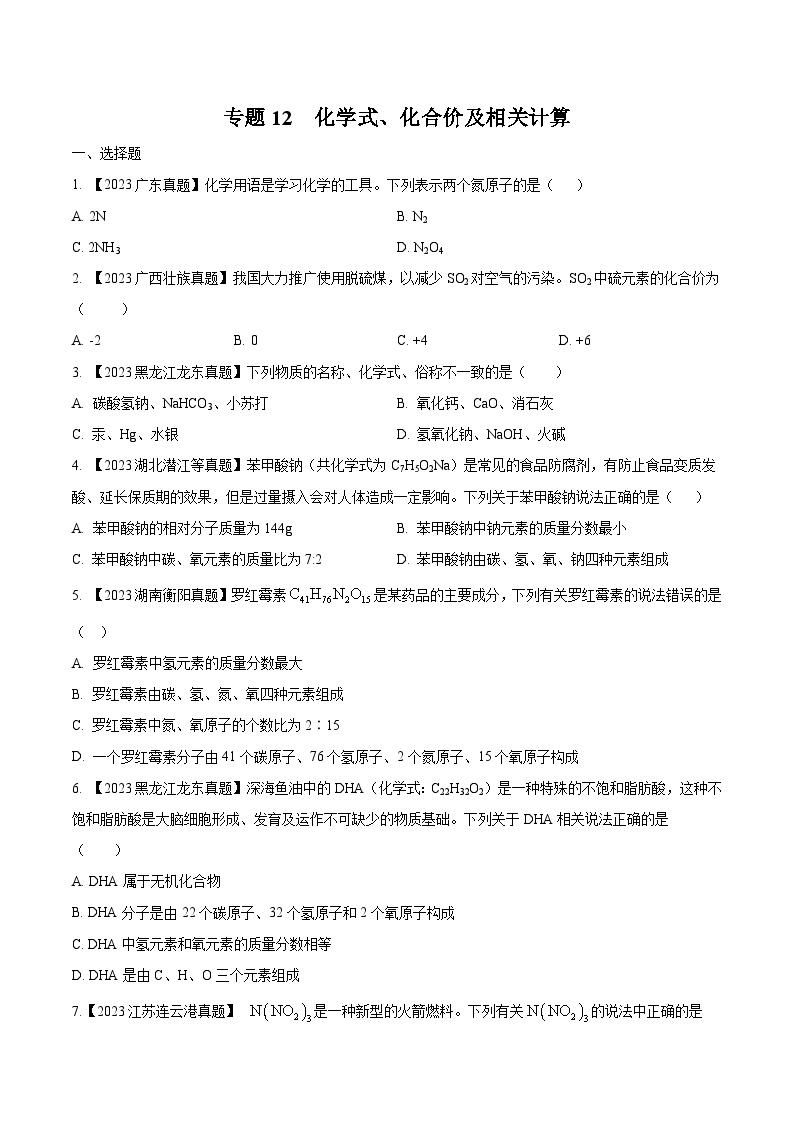 2025年中考化学真题分项汇编专题12 化学式、化合价及相关计算（2份，原卷版+解析版）