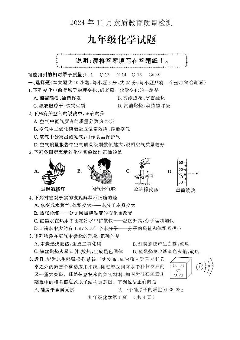 扫描件_2024年11月素质教育质量检测化学第1页