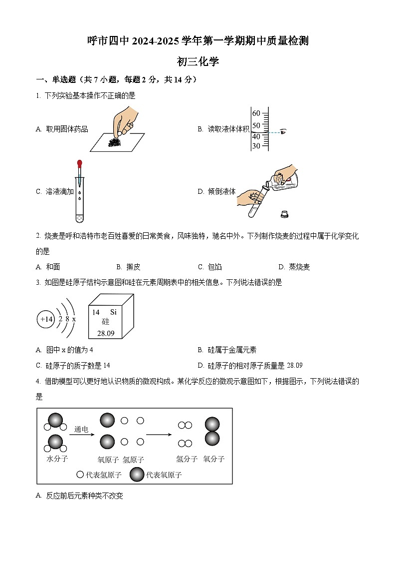 内蒙古呼和浩特市第四中学2024--2025学年九年级上学期化学期中测试卷01