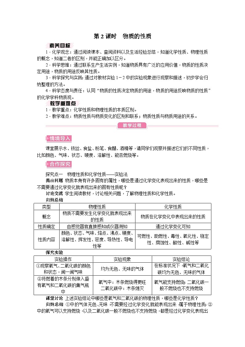 人教版(2024)初中化学九年级上册 第一单元 课题1 物质的变化和性质教案01