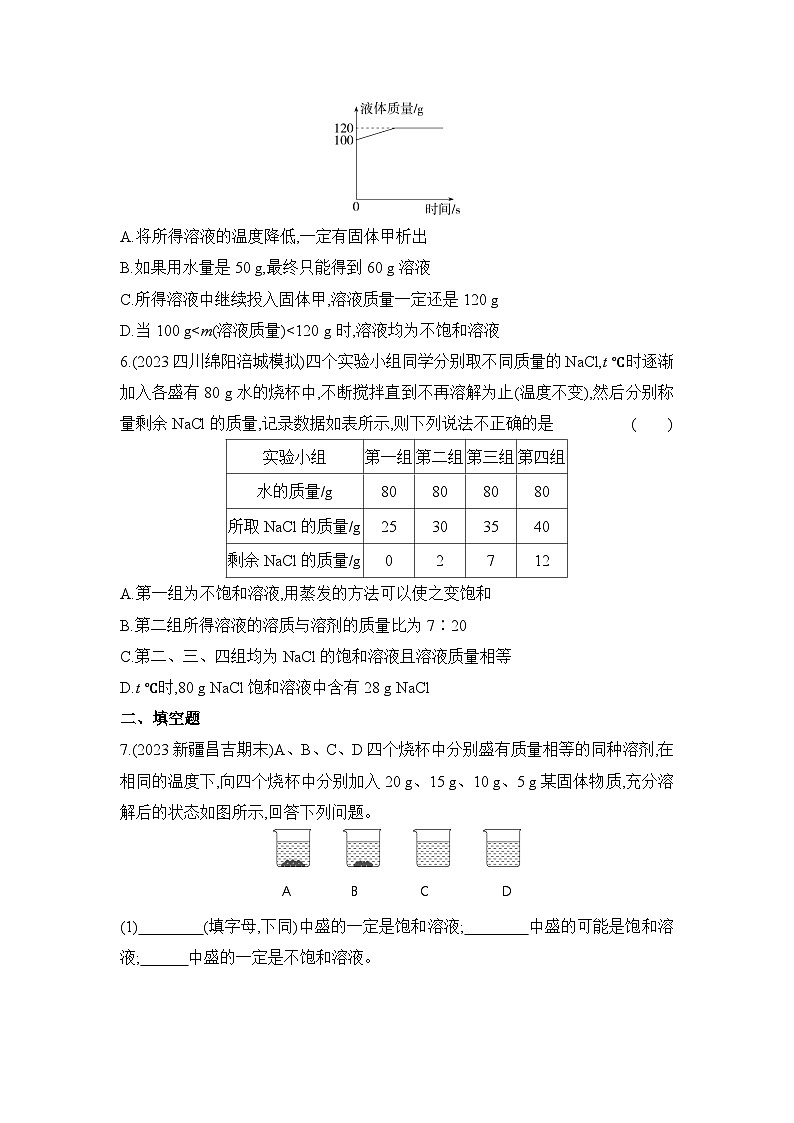 人教版(2024)初中化学九年级下册 第九单元 课题2 溶解度 第一课时 饱和溶液练习题02