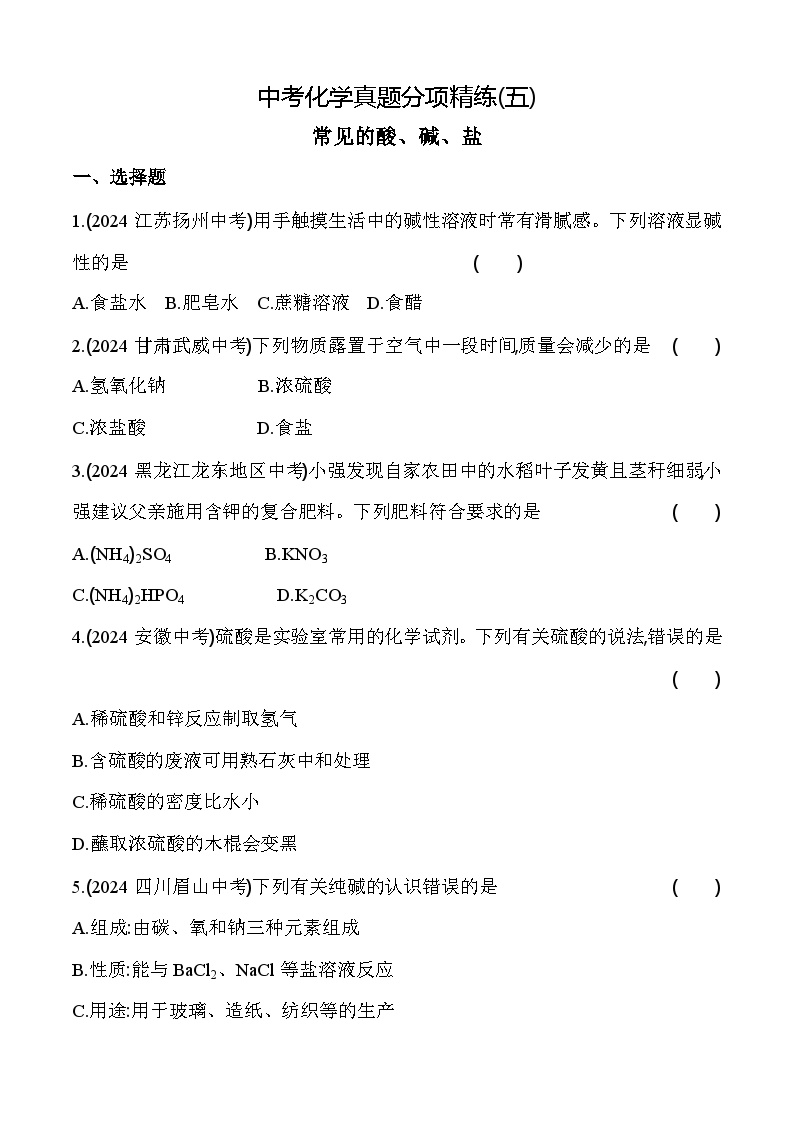 2024年中考化学真题分项精练(五)   常见的酸、碱、盐练习题