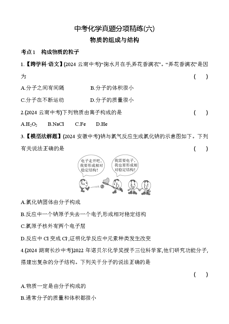 2024年中考化学真题分项精练(六)   物质的组成与结构练习题