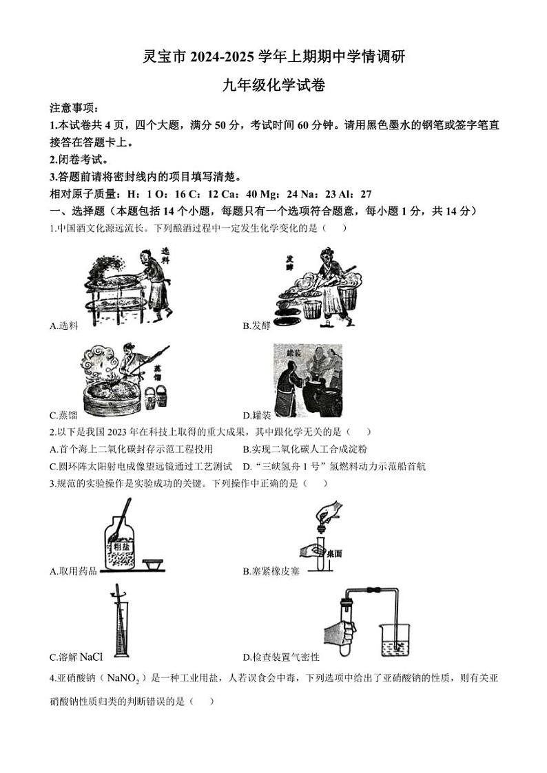 河南省三门峡市灵宝市2024~2025学年九年级(上)期中化学试卷(含答案)第1页