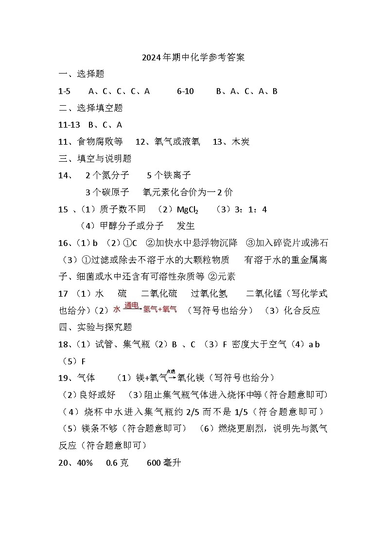 化學(xué)期中答案（非官方）第1頁