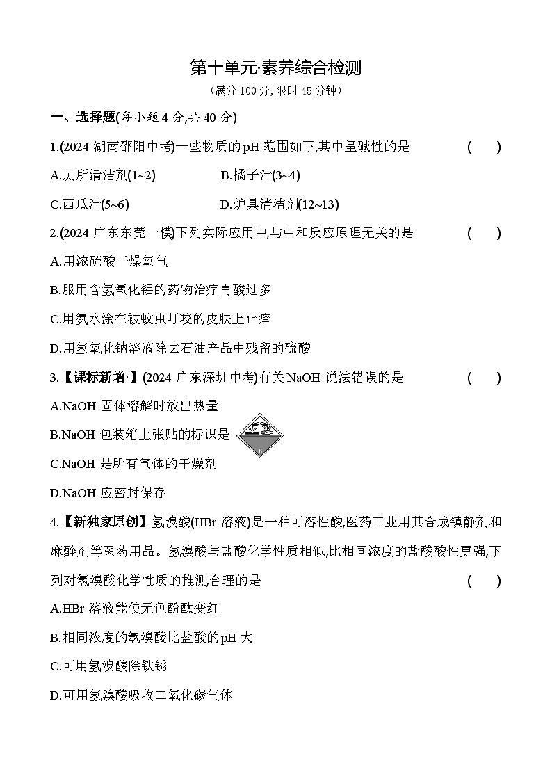 人教版(2024)初中化学九年级下册 第十单元 单元综合测试卷01