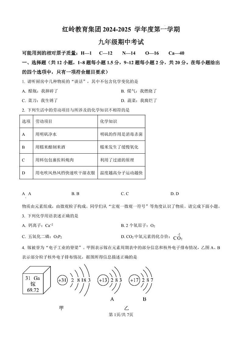 广东省深圳市福田区红岭教育集团2024-2025学年九年级上学期期中考试化学试题第1页