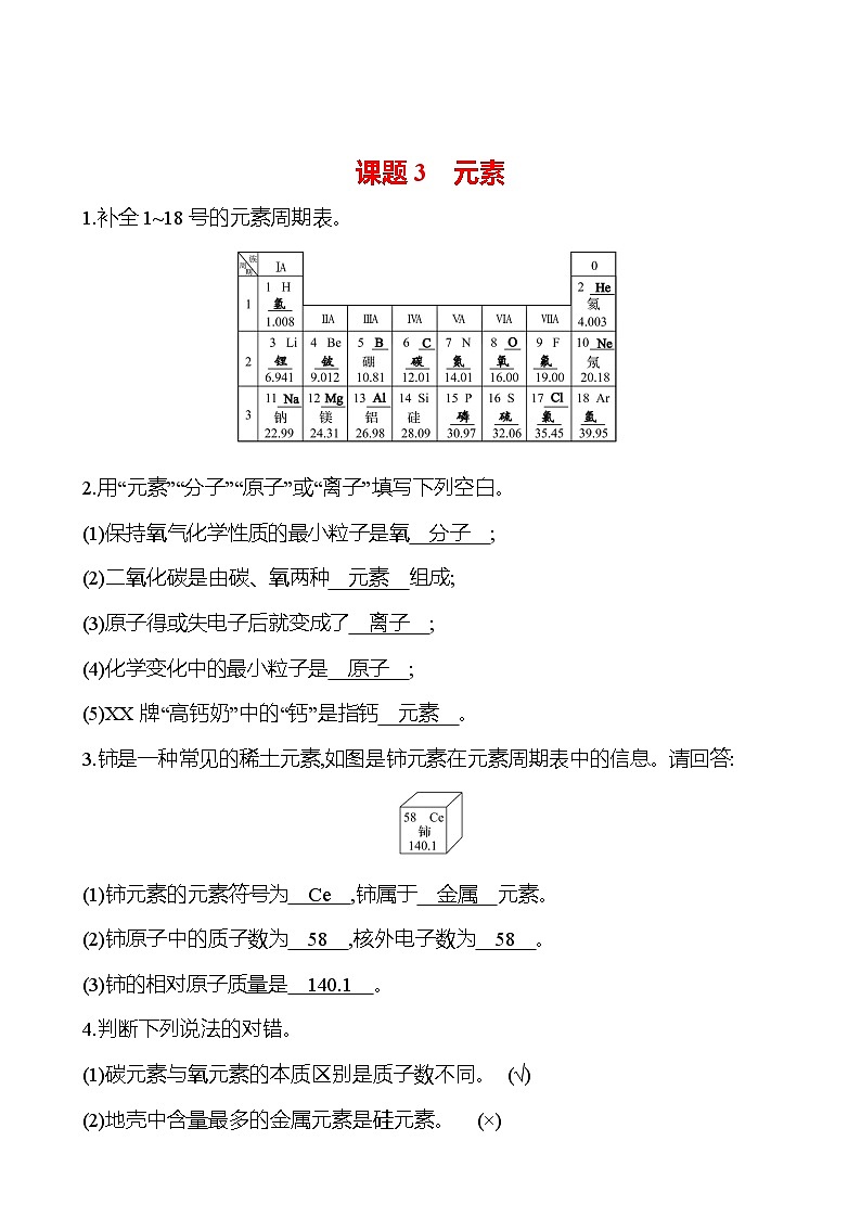 第三单元 课题3 元素 基础默写回顾手册 练习第1页