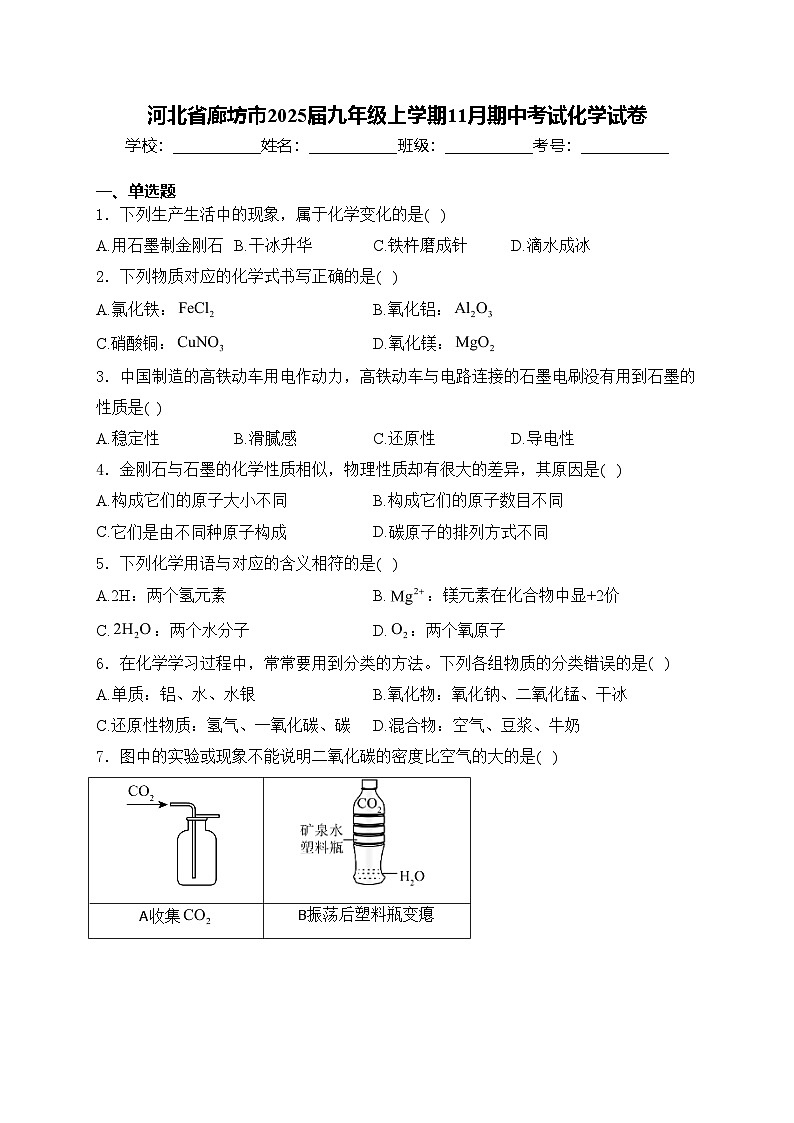 河北省廊坊市2025届九年级上学期11月期中考试化学试卷(含答案)第1页