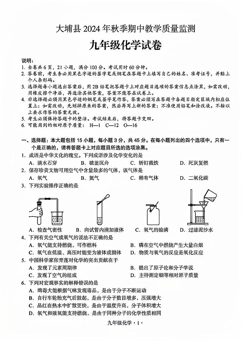 广东省梅州市大埔县2024-2025学年九年级上学期11月期中考试化学试题第1页