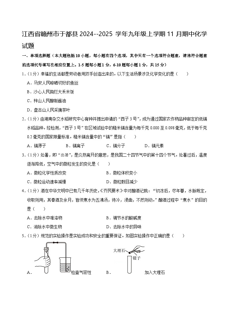 江西省赣州市于都县2024--2025学年九年级上学期11月期中考试化学试题第1页