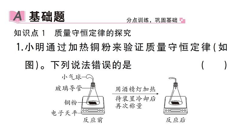 初中化学新人教版九年级上册第五单元课题1 质量守恒定律作业课件(2024秋)第2页