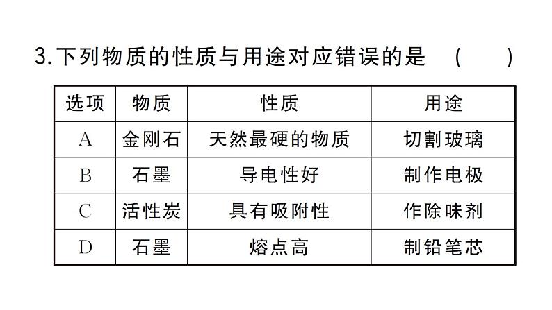 初中化学新人教版九年级上册第六单元课题1第一课时 碳的单质作业课件(2024秋)06