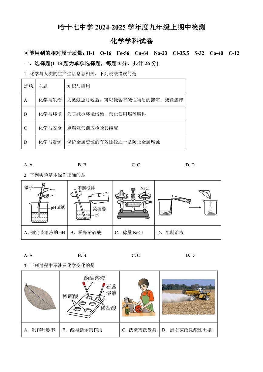 黑龍江省哈爾濱市第十七中學(xué)2024～2025學(xué)年九年級(上)期中檢測化學(xué)試卷(含答案)第1頁