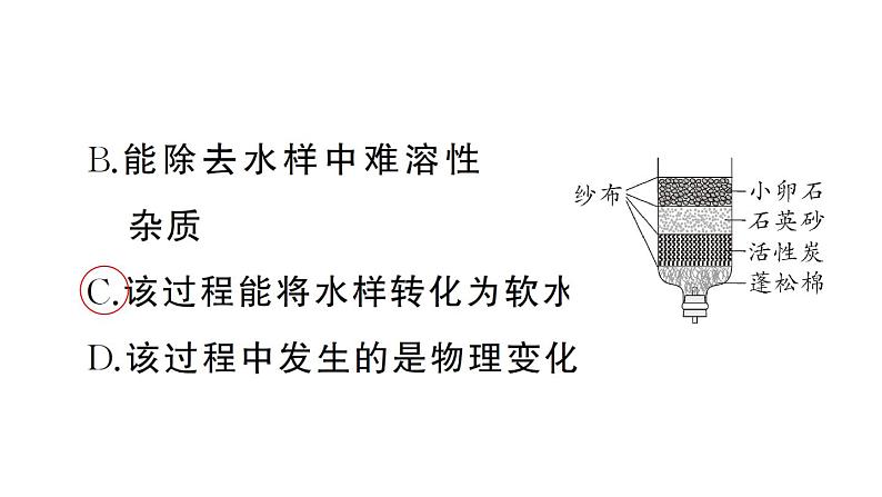 初中化学新人教版九年级上册第四单元跨学科实践活动三 水质检测及自制净水器作业课件(2024秋)第4页
