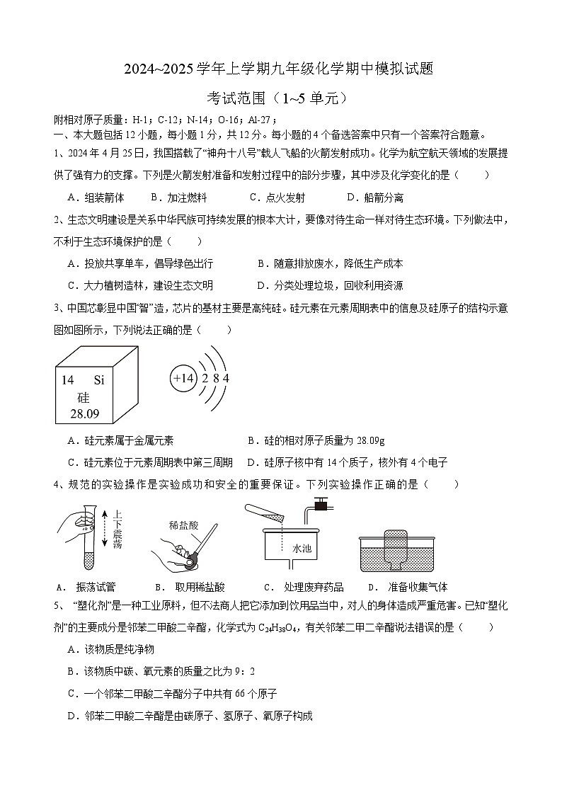 安徽省安庆市桐城市杨公中学2024~2025学年九年级上学期化学期中模拟试题第1页