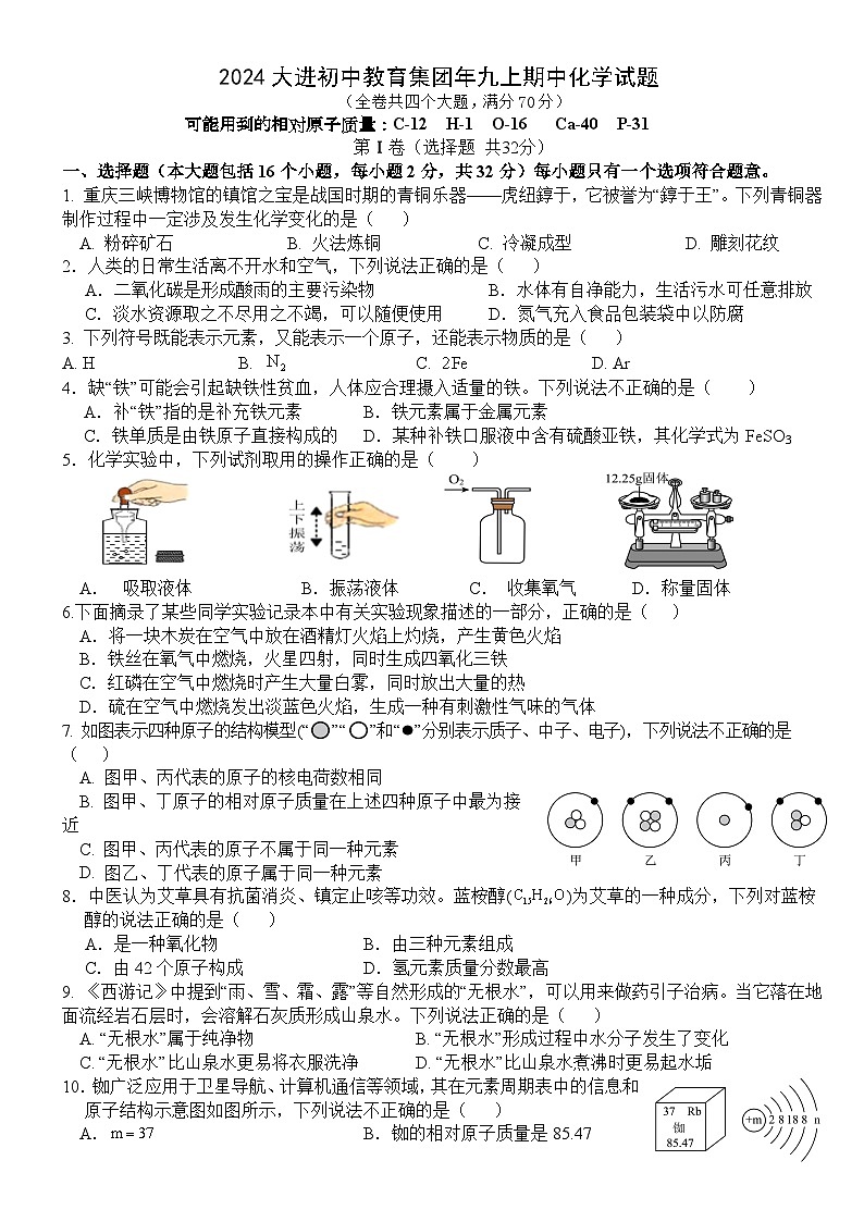 重庆市开州区大进初中教育集团2024-2025学年九年级上学期11月期中考试化学试题第1页