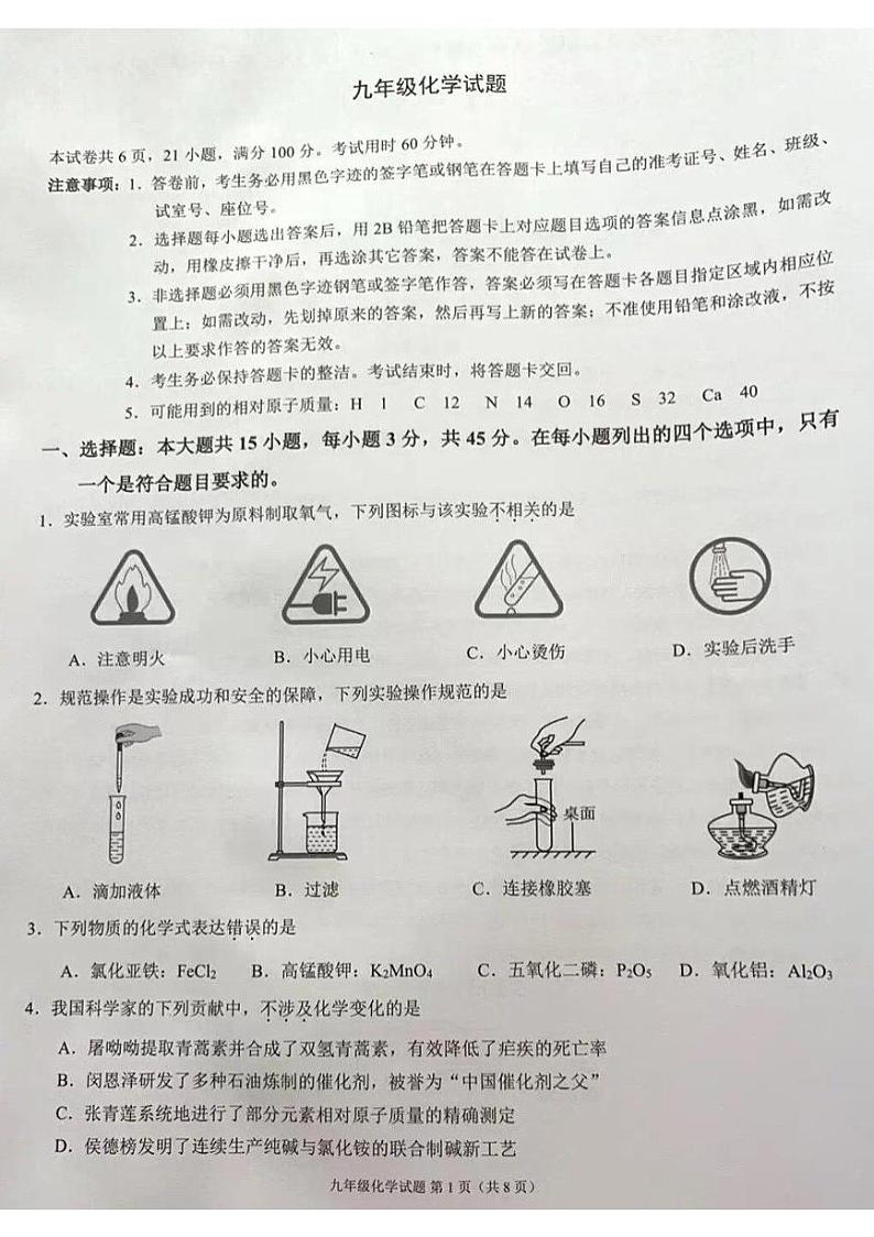 广东省佛山市2024-2025学年九年级上学期期中考试化学试卷第1页