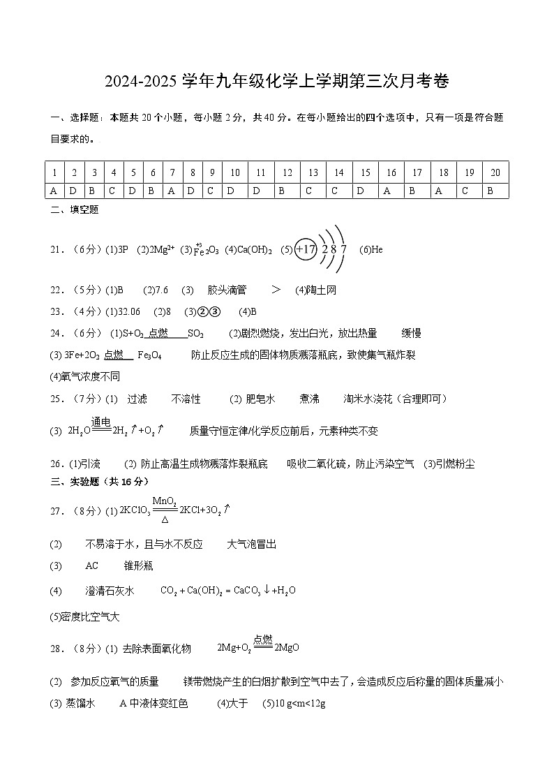九年级化学第三次月考卷(鲁教版2024,第1~6单元):2024+2025学年初中上学期第三次月考01