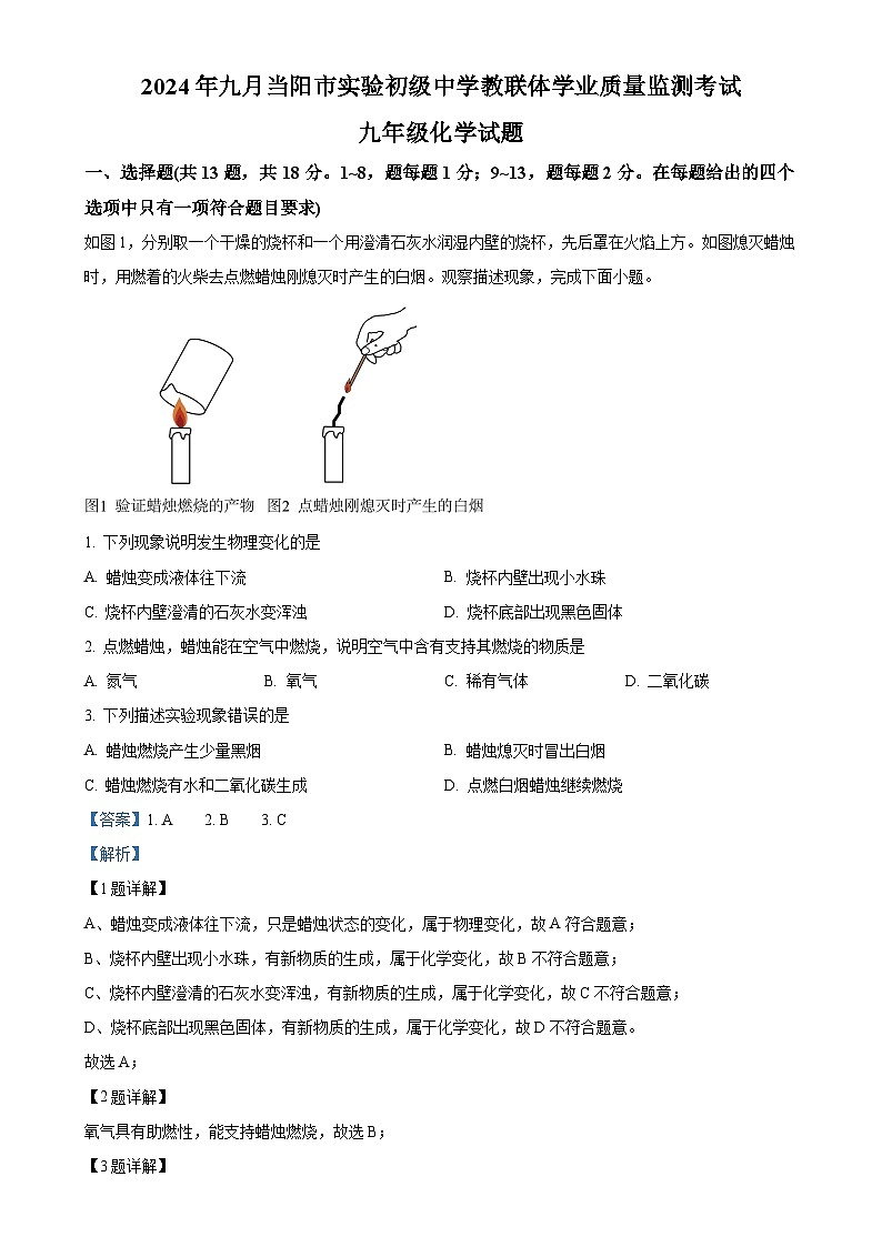 湖北省宜昌市当阳市实验初级中学2024-2025学年九年级上学期9月月考化学试题(解析版)-A4第1页