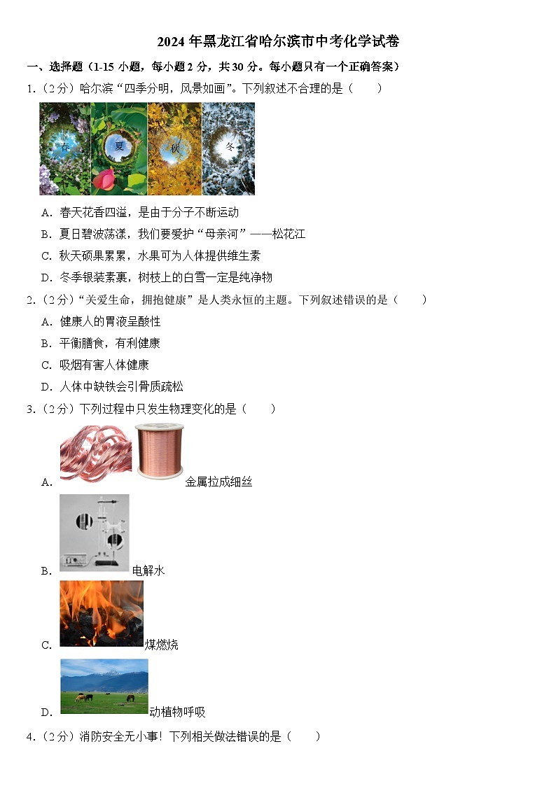 2024年黑龙江省哈尔滨市中考化学试卷(附答案)第1页