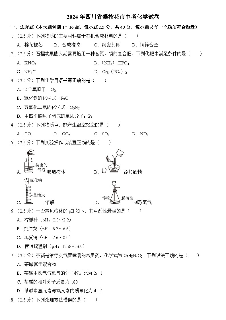 2024年四川省攀枝花市中考化学试卷(附答案)第1页