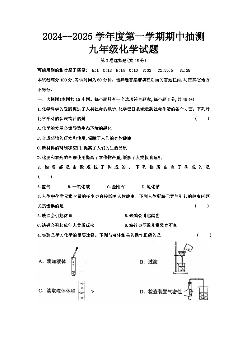 江苏省徐州市新沂市2024--2025学年九年级上学期期中抽测化学试题第1页